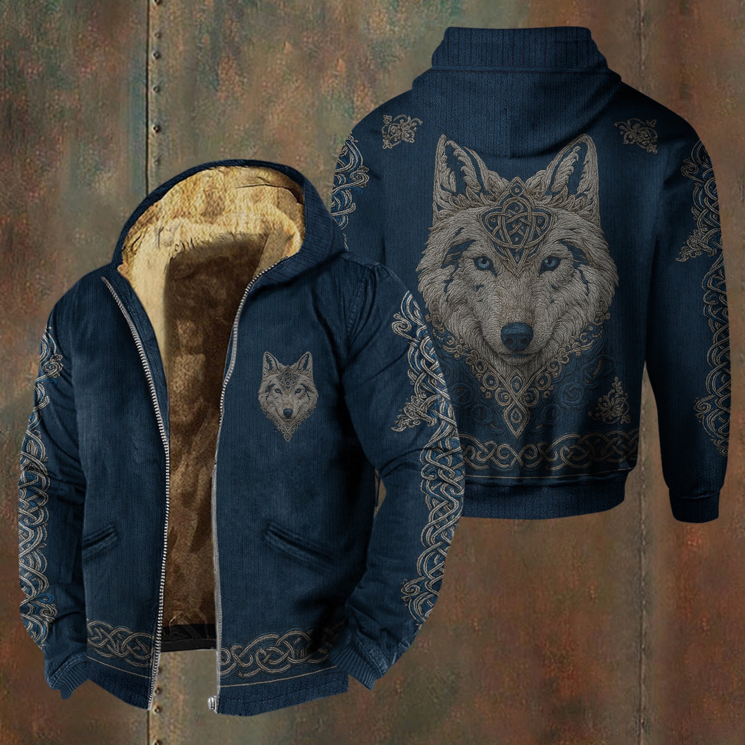 Men's Viking Wolf Print Zipper Jacket