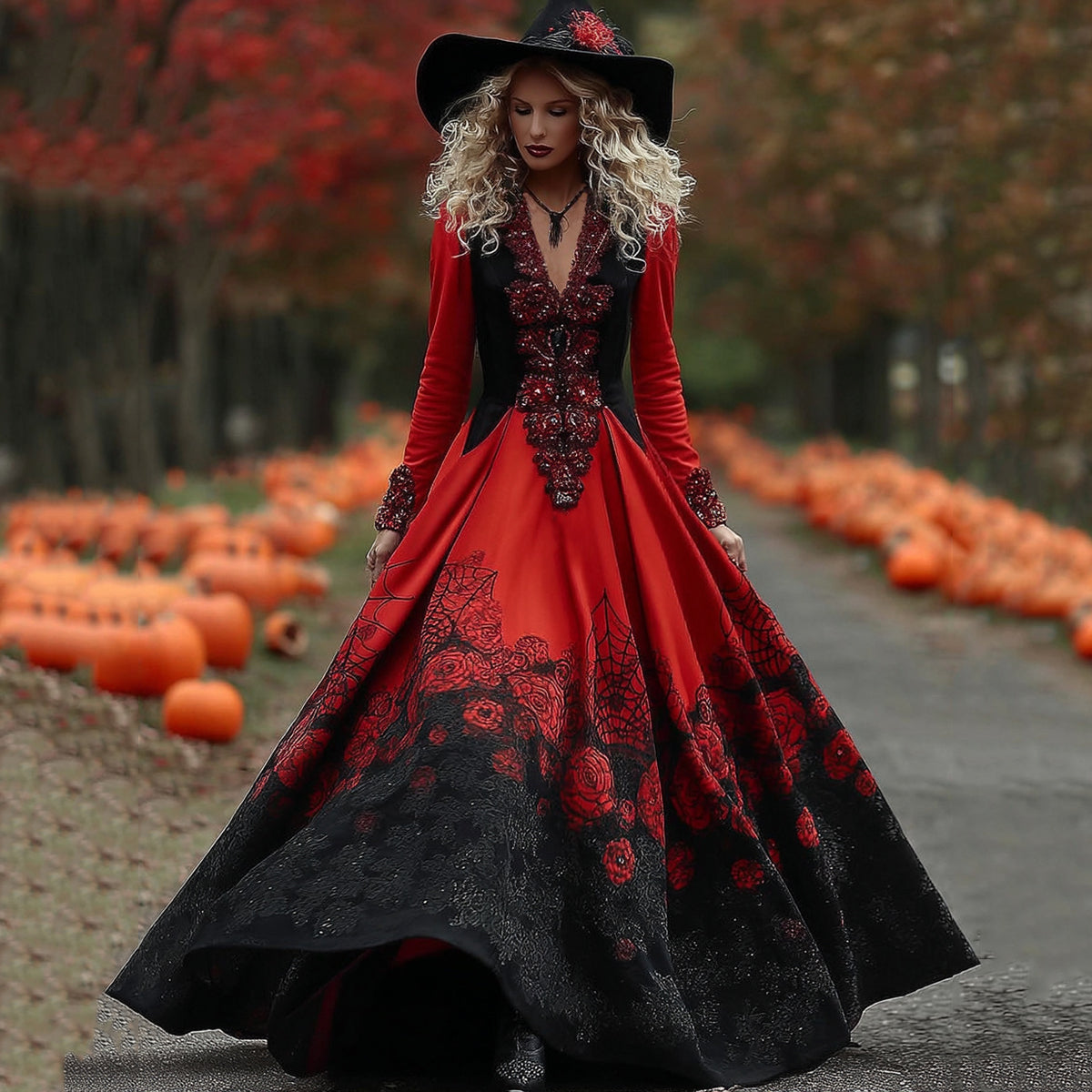 Women's Vintage Halloween Black Roses And Spider Web Art Comfy Velvet Maxi Dress