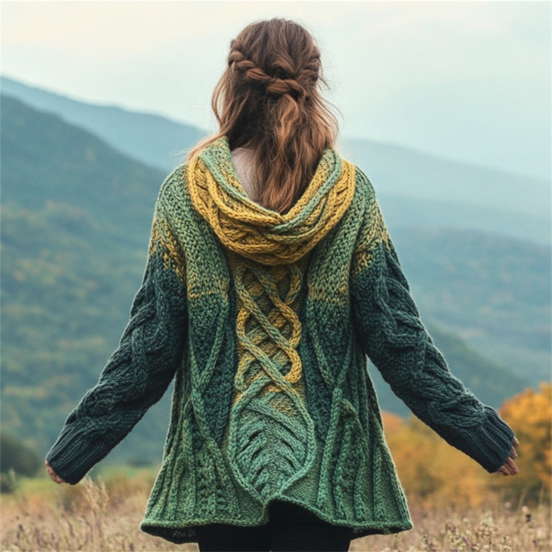 Forest Leaf Inspired Celtic Gradient Chunky Hooded Cardigan