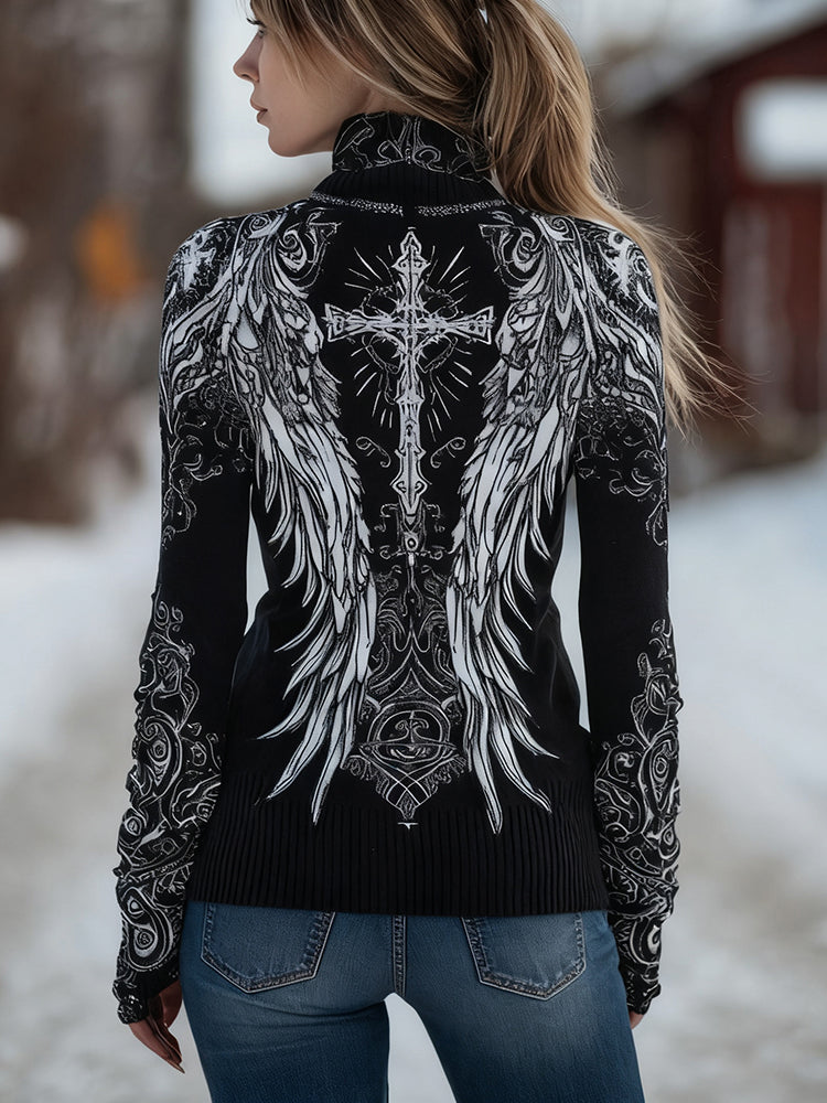 Women's Retro Faith Wings Knit Half-zip Sweater