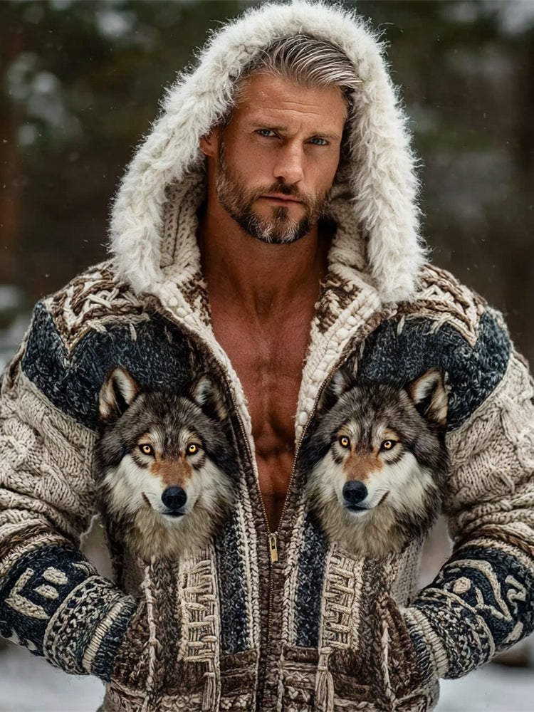 Western Giant Wolf Head Totem Men's Hooded Full-zip Knit Jacket