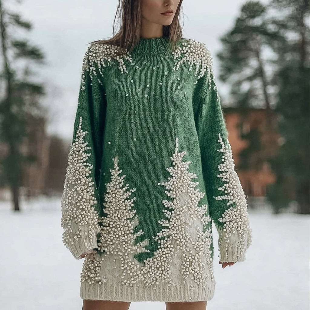 Vintage Christmas Trees Beads Embroidered Cozy Sweater Dress