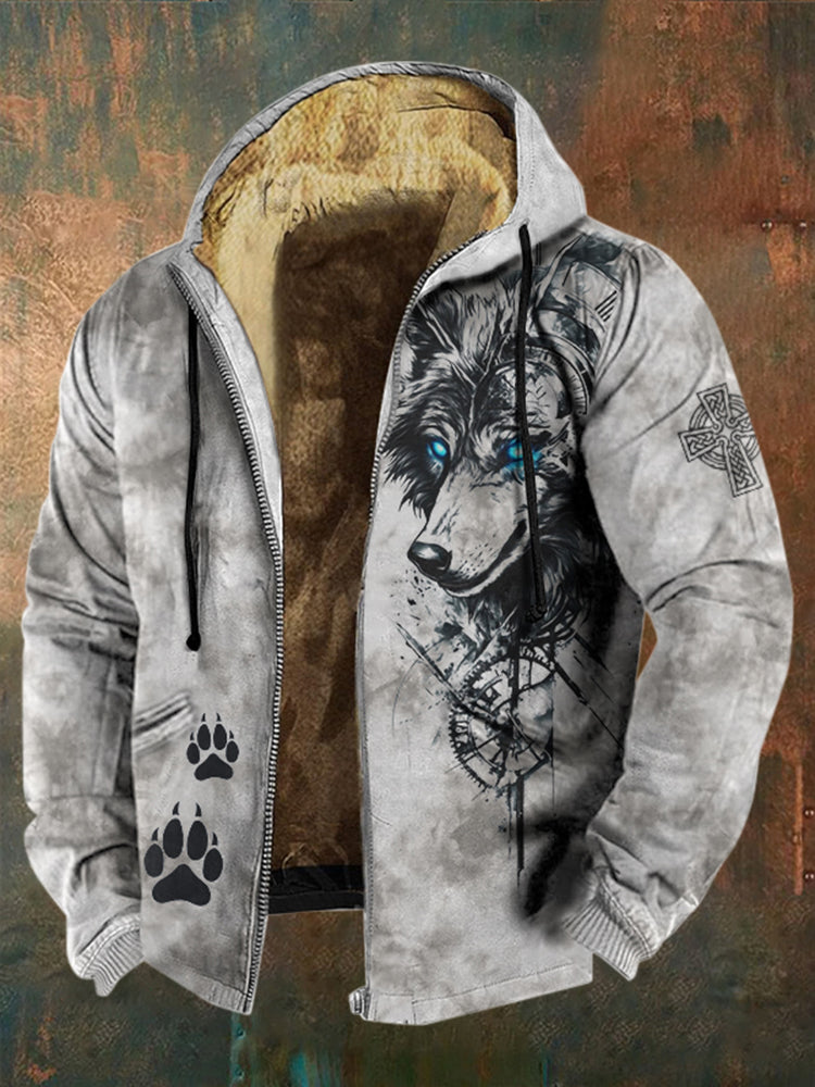 Men's Retro Viking Wolf Print Casual Zip Up Jacket