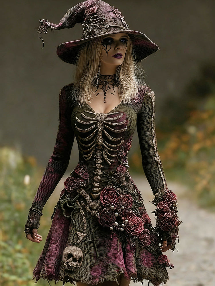 Women's Skull Floral Embroidery Ombre Witch Midi Dress