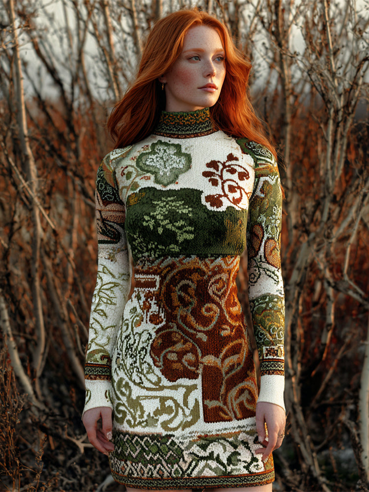 Irish Floral Elements Women's Knit Turtleneck Sweater Dress