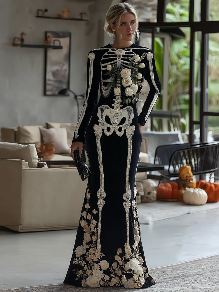 Women's Vintage Mariachi Day Of The Dead Skeleton Bones Art Velvet Maxi Dress