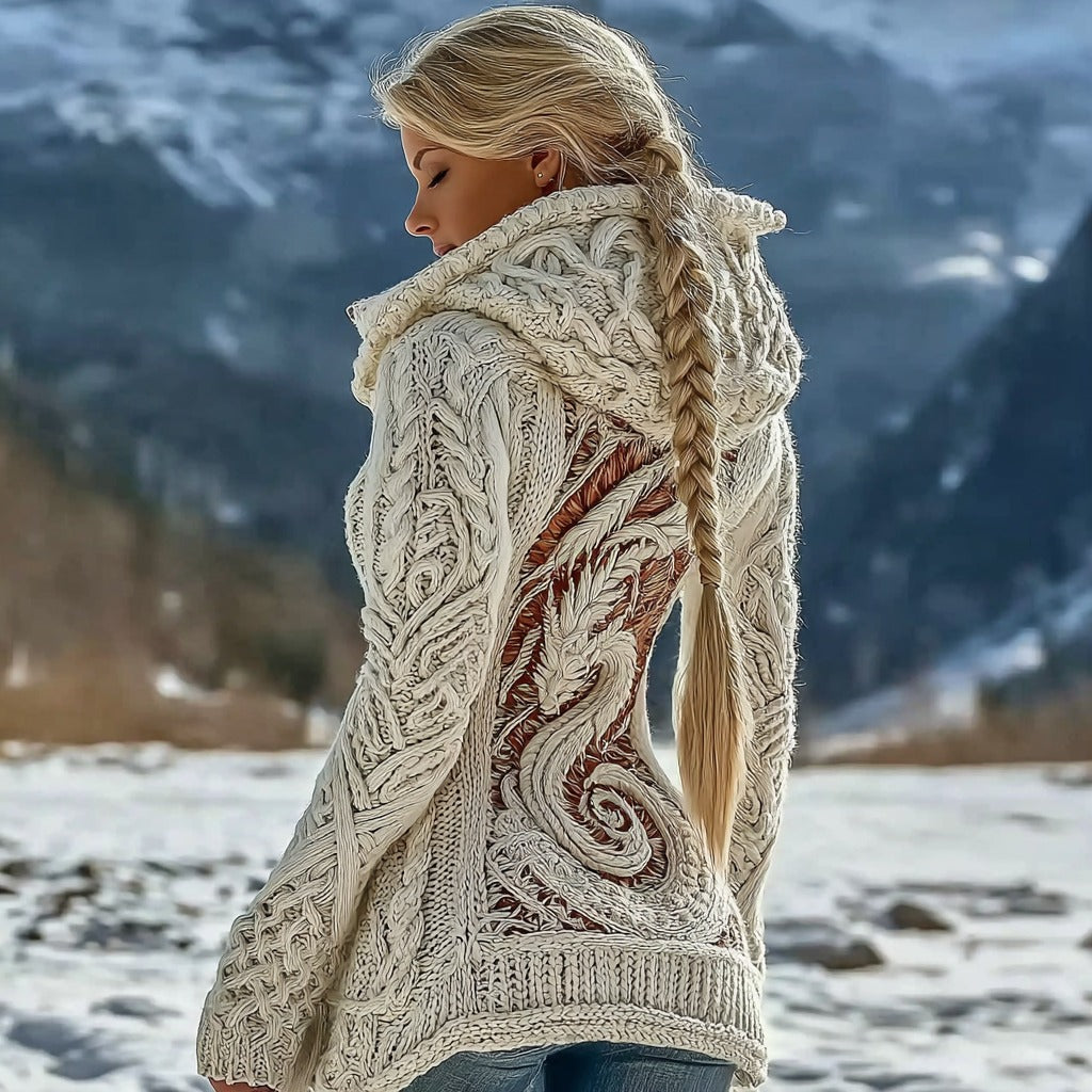 Women's Retro Viking Celtic Knot Dragon Knitted Zip-up Cardigan Sweater