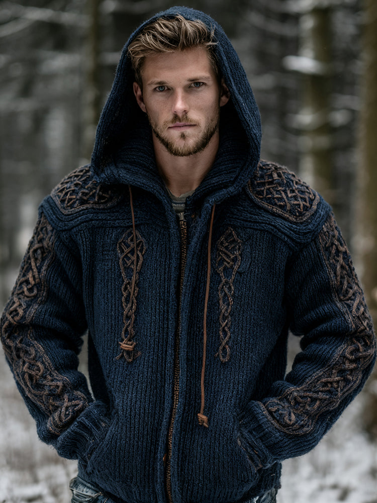Men's Vintage Viking Celtic Knot Art Full Zip Cozy Knit Hoodie