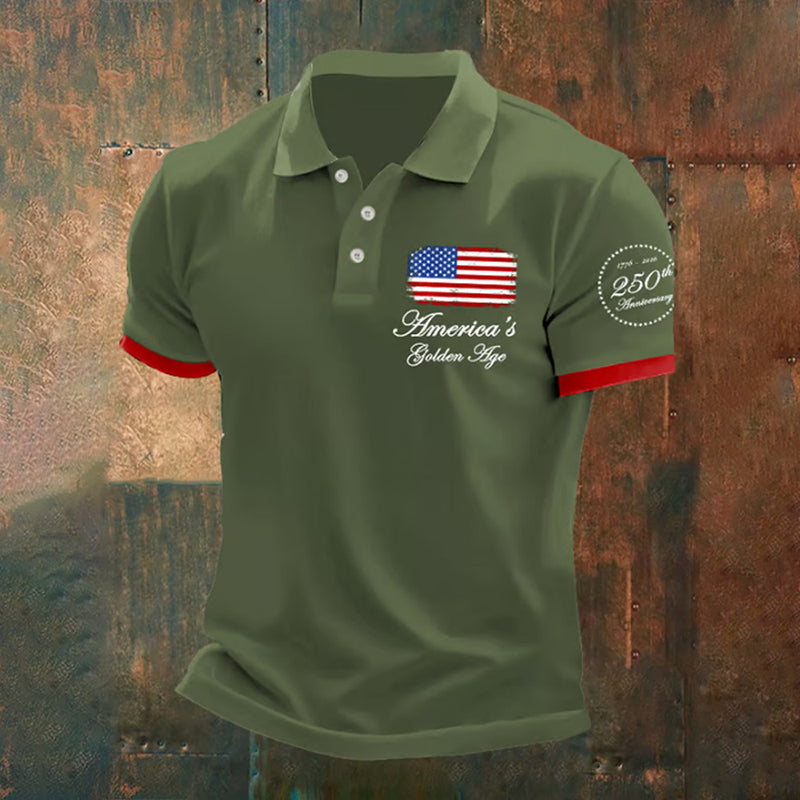 Man's Vintage Independence Day America's Golden Age 1776-2026 250th Anniversary Printed Polo Shirt