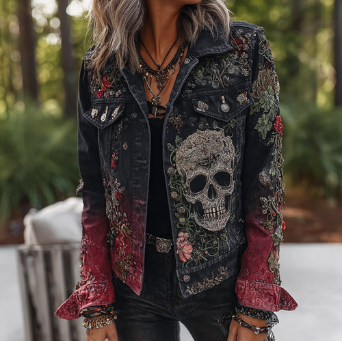 A Retro Women's Black-red Gradient Denim Jacket With Gothic Skull And Floral Elements Design For Halloween.