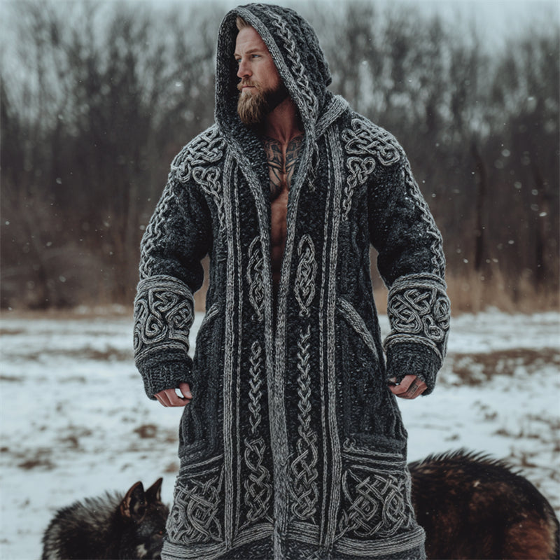 Men's Viking Contrast Celtic Knot Chunky Cozy Hooded Long Cardigan