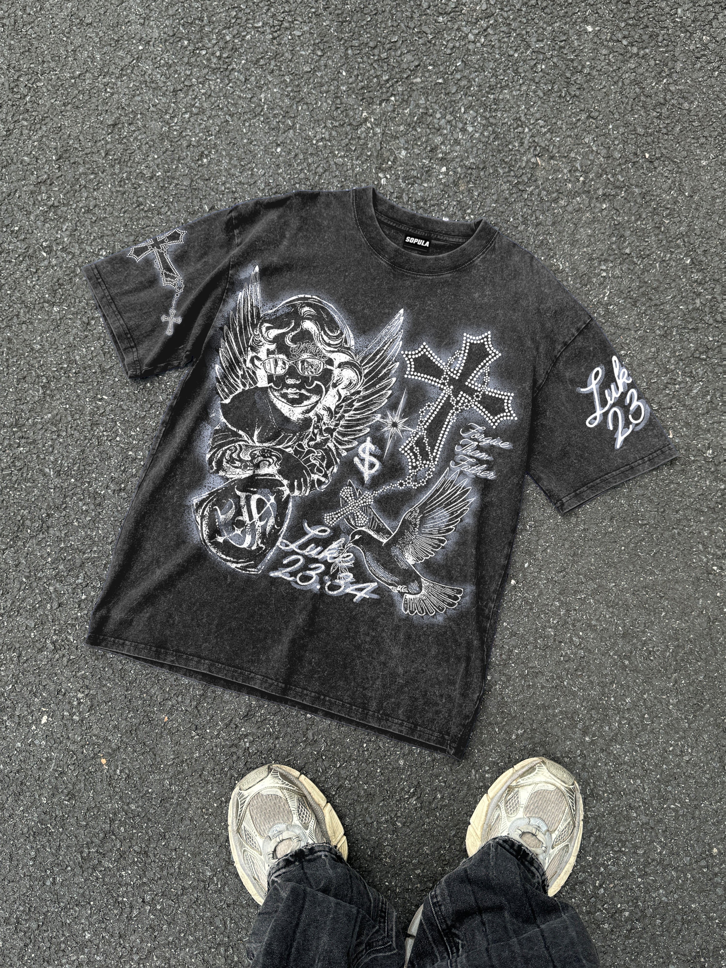 Angel Cross Graffiti Street Graphic Acid Washed T-shirt