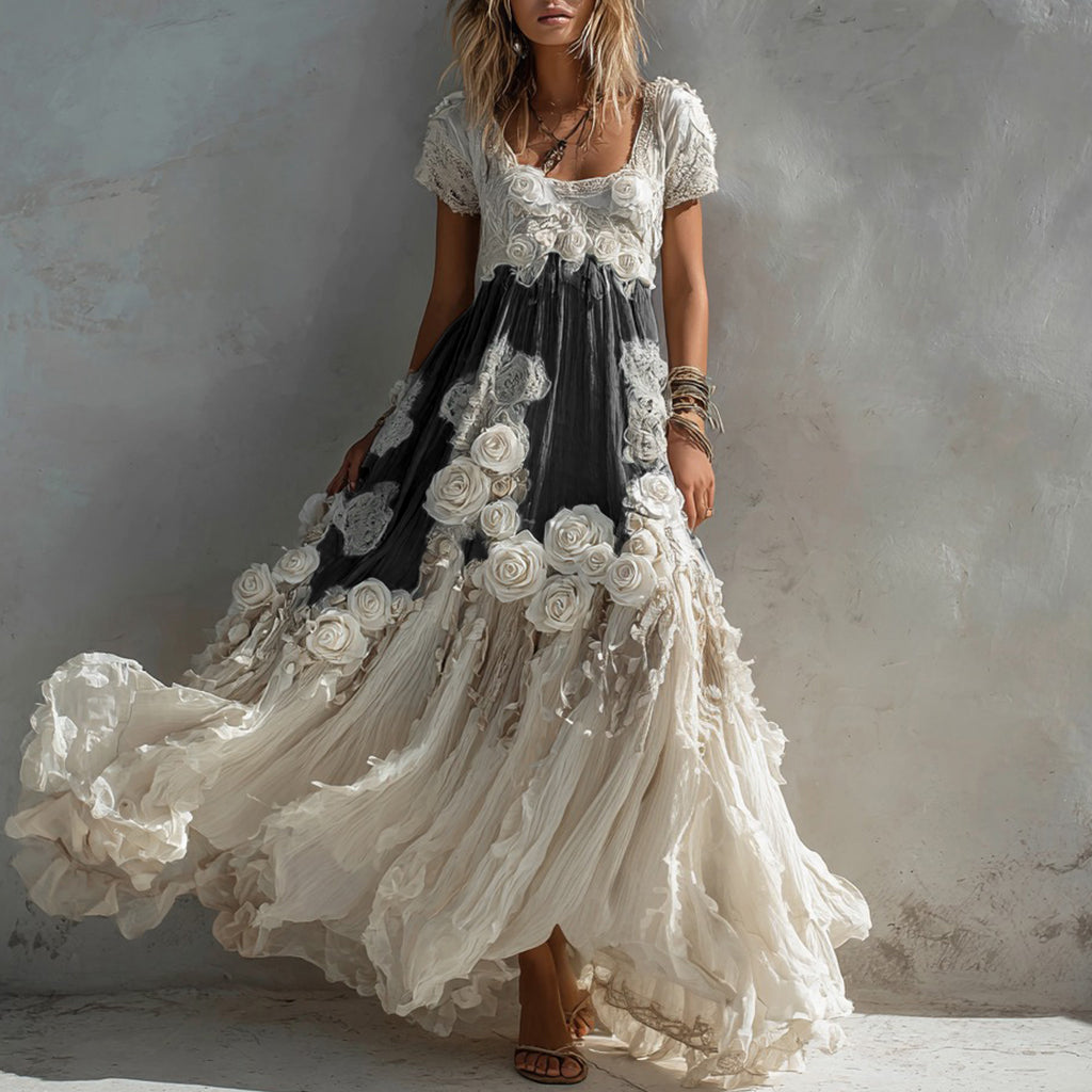 Women's Vintage White Rose Pattern Linen Short Sleeve Dress