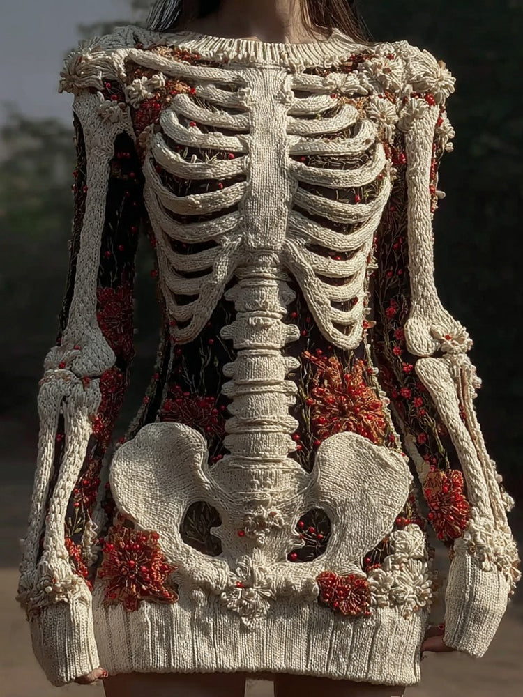 Women's Vintage Skull Floral Art Cozy Sweater Dress