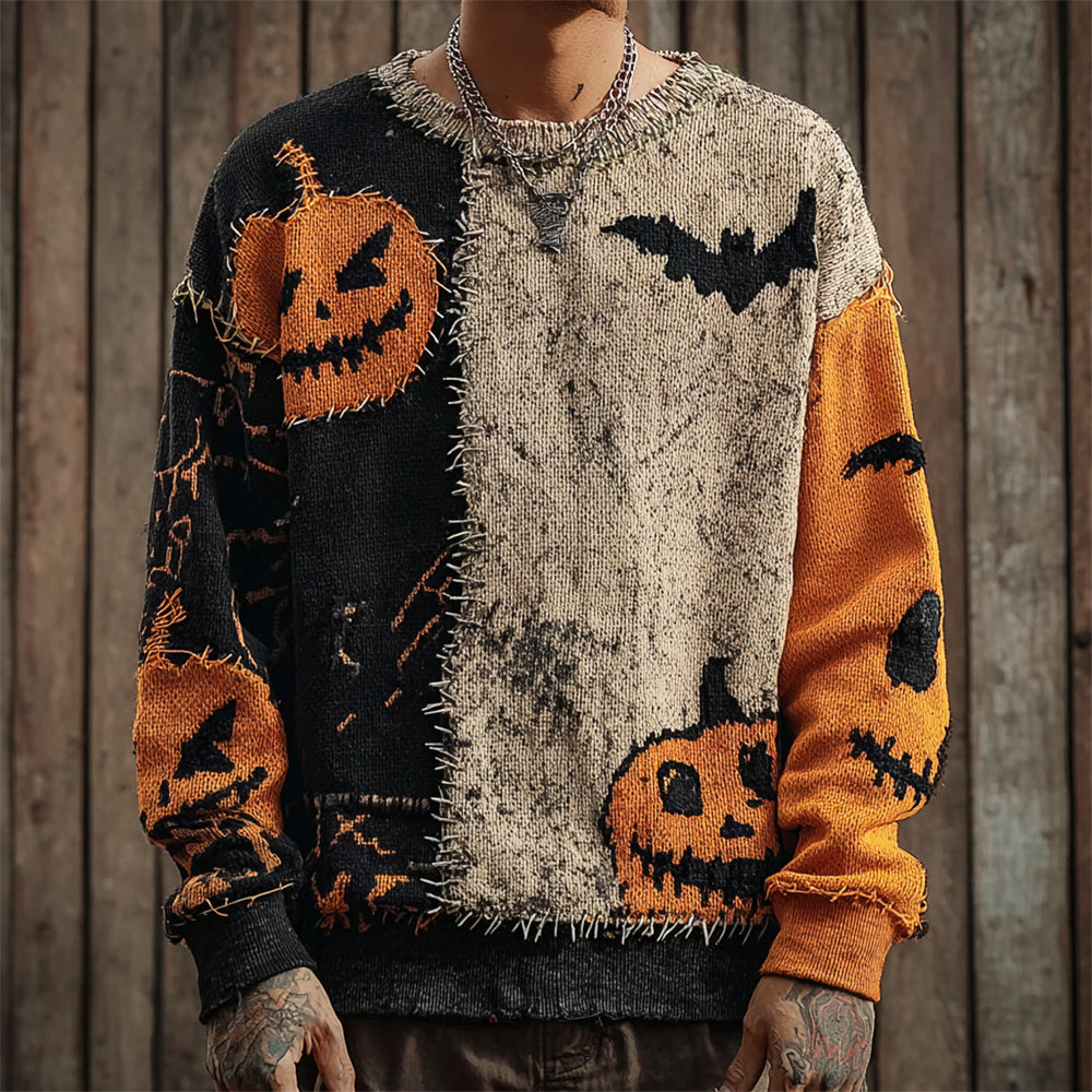 Pumpkin & Bat Irregular Patchwork Men's Sweater