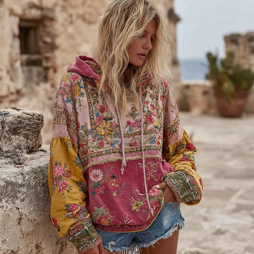 Women's Vintage Bohemian Floral Embroidery Patchwork Art Casual Long Sleeve Hoodie