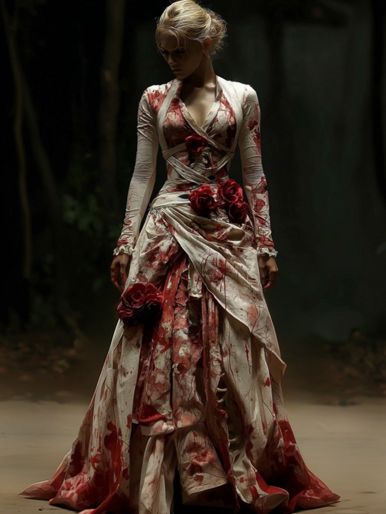 Women's Vintage Rose Bloody Bride Bandage Inspired Halloween Maxi Dress