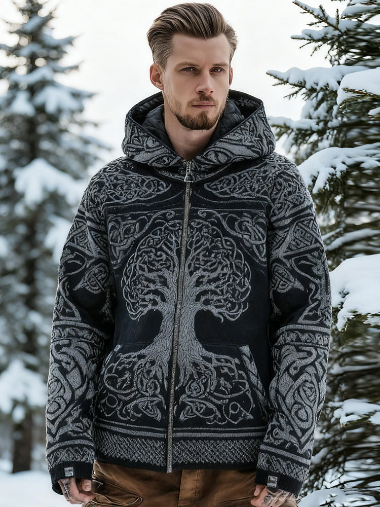 Men's Retro Viking Style Tree Of Life Pattern Full Zipper Comfortable Hoodie