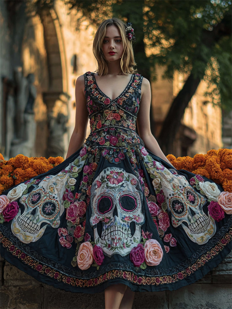 Day Of The Dead Sugar Skulls Floral Embroidered Linen Maxi Dress