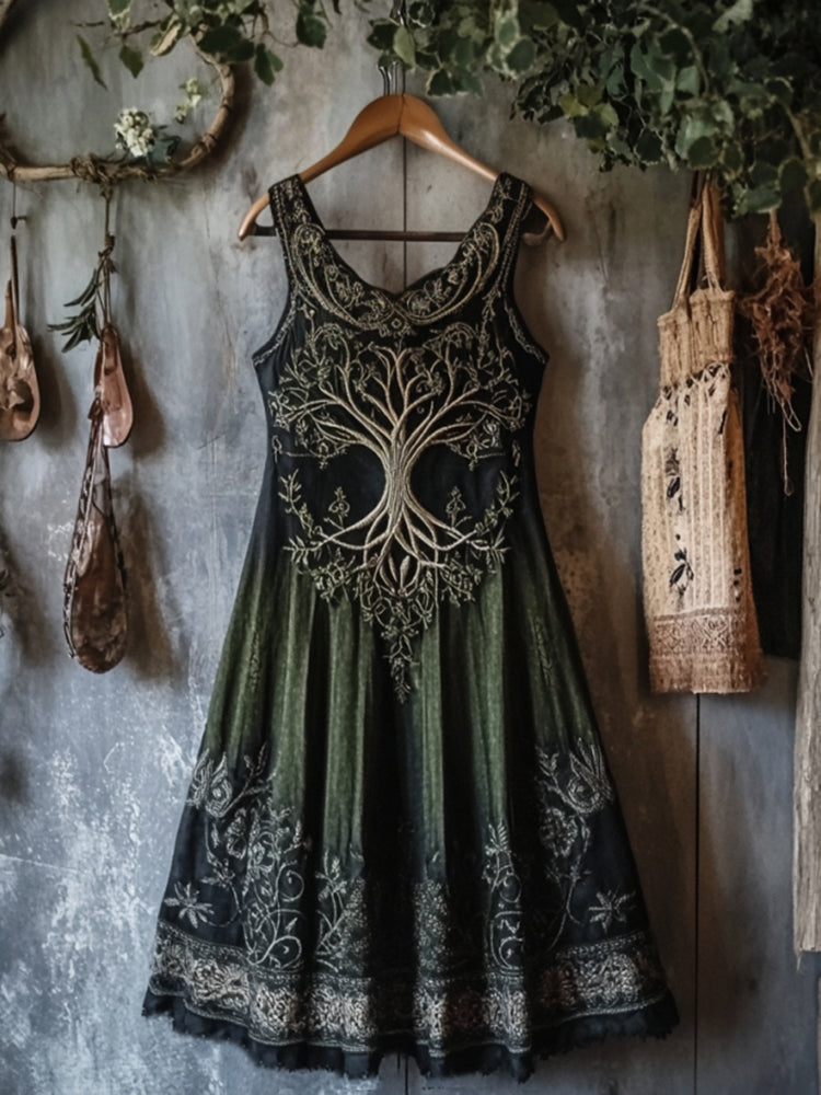 Vintage Tribal Celtic Knot Life Of Tree Lace Patchwork Art Linen Tank Dress