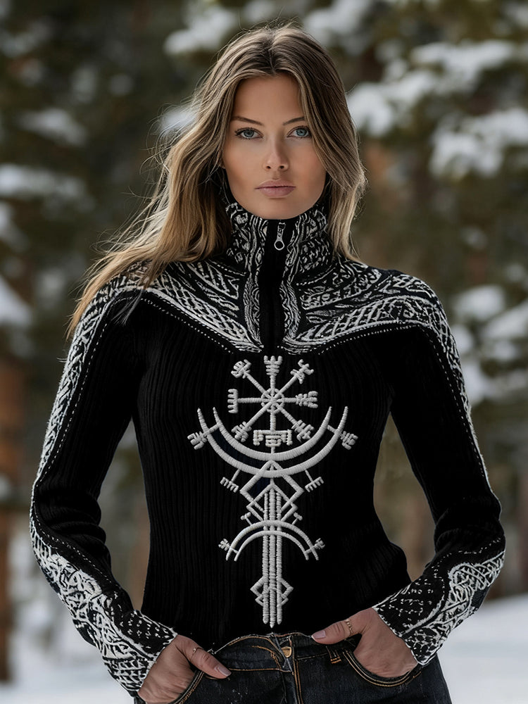 Women's Viking Runes Celtic Art Cozy Knit Half Zipped Sweater