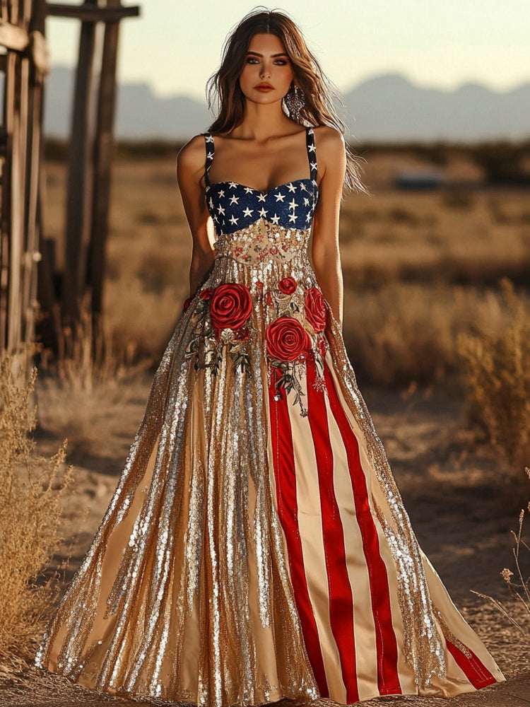 Independence Day American Flag And Rose Glitter Art Women's Spaghetti Strap Maxi Dress