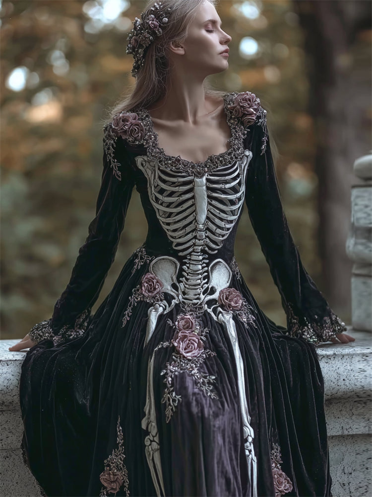 Vintage Skeleton Roses Floral Cozy Velvet Maxi Dress