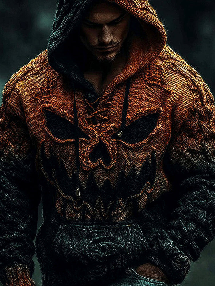 Men's Halloween Pumpkin Face Gradient Jacquard Knit Hooded Sweater