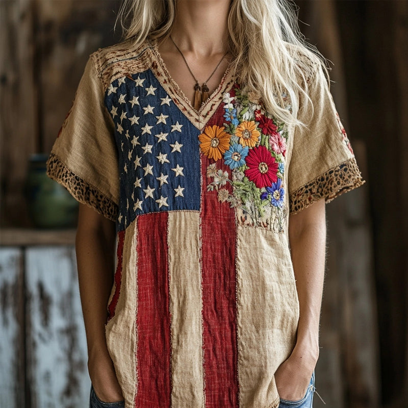 American Flag Inspired Floral Embroidered Cozy Linen Shirt