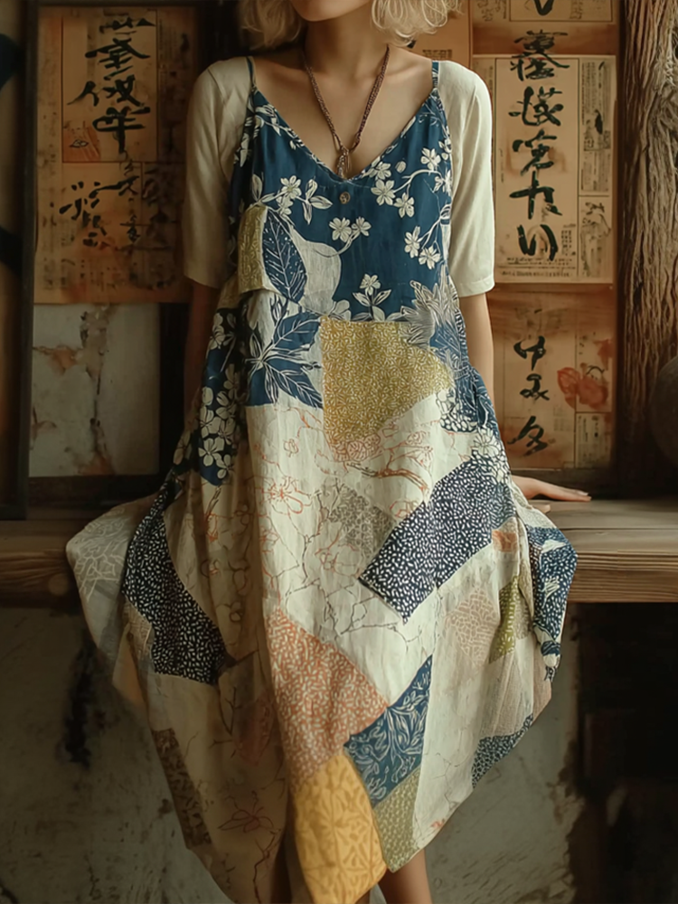 Japanese Art Retro Geometric Patchwork Plant Flower Print Women's Sleeveless Thin Shoulder Strap Dress