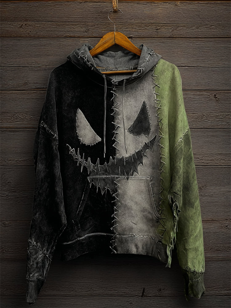 Halloween Spooky Face Contrast Colorblock Patchwork Hoodie