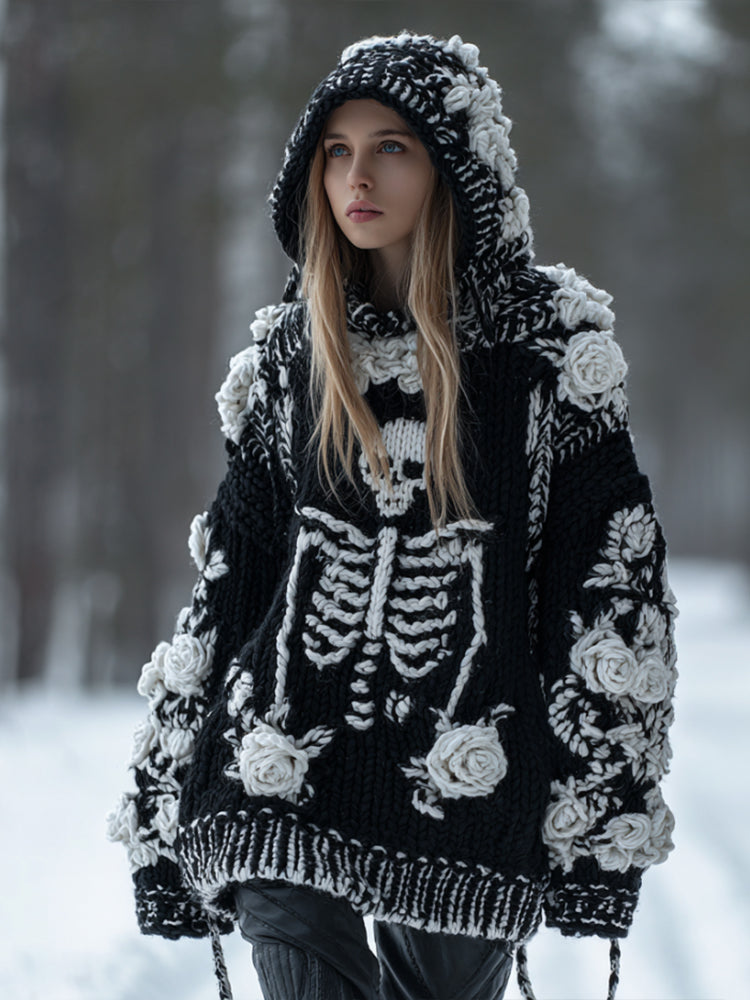 Women's Vintage Three-dimensional White Rose Casual Warm Hooded Sweater