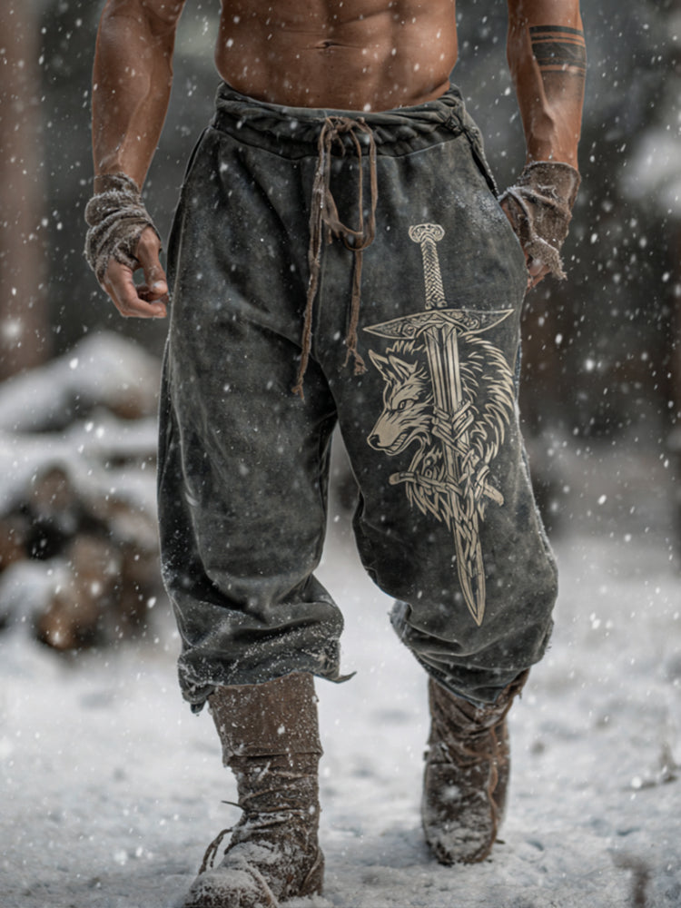 Viking Style Sword And Wolf Flannel Sweatpants