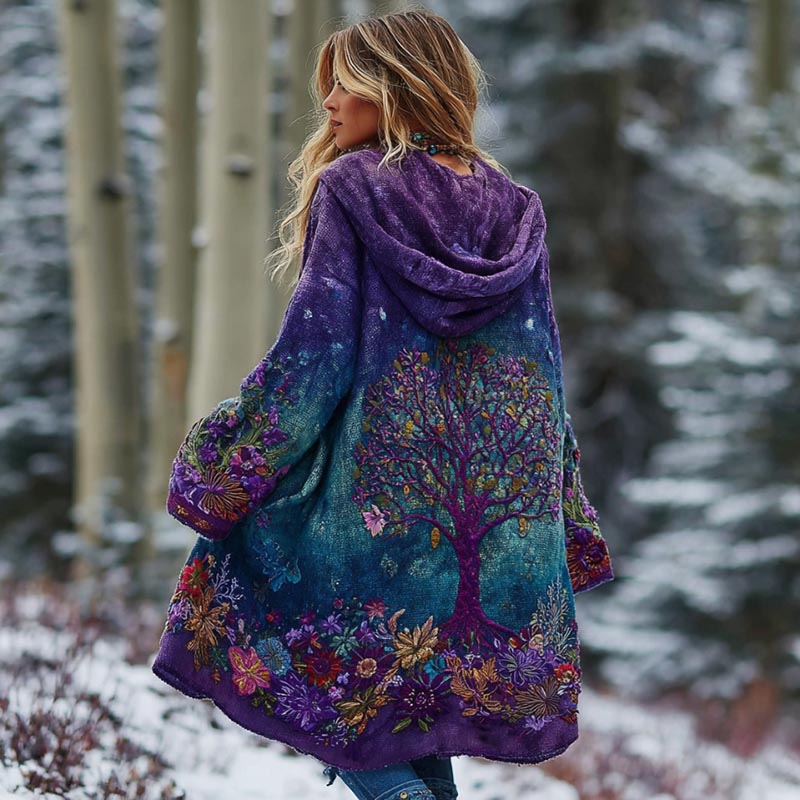 Women's Tree Of Life Floral Gradient Cozy Pocket Hooded Cardigan