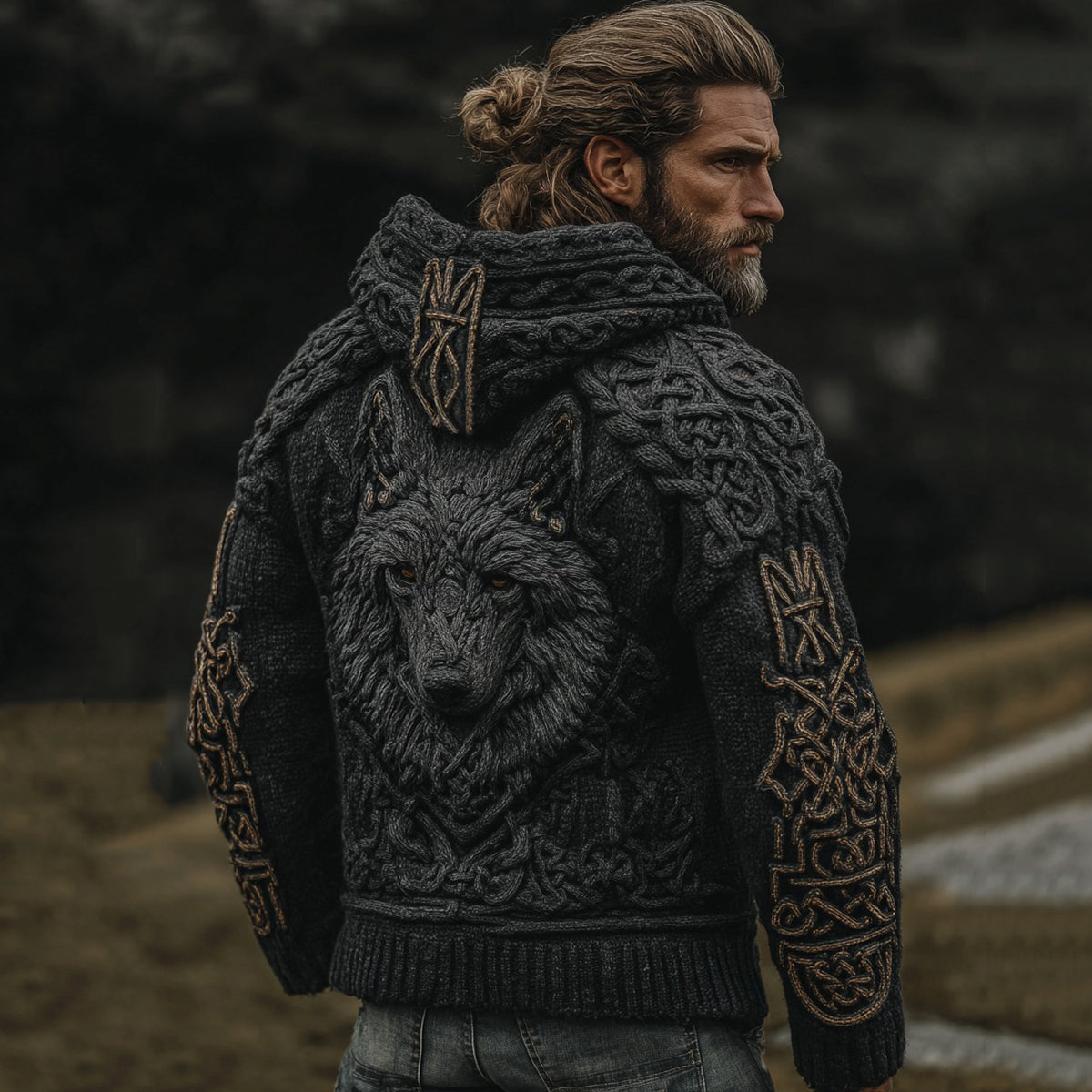 Men's Vintage Viking Wolf Jacquard Knitted Cozy Zipper Up Hooded Cardigan