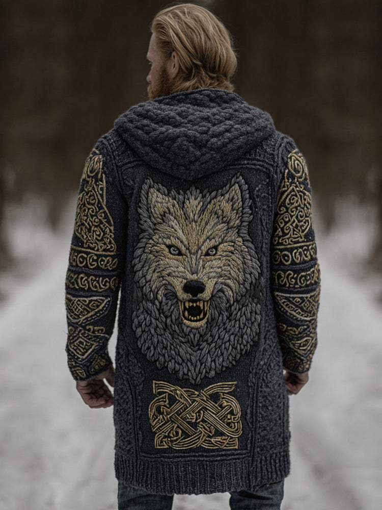 Men's Viking Style Celtic Knot Wolf Head Pocket Midi Cardigan