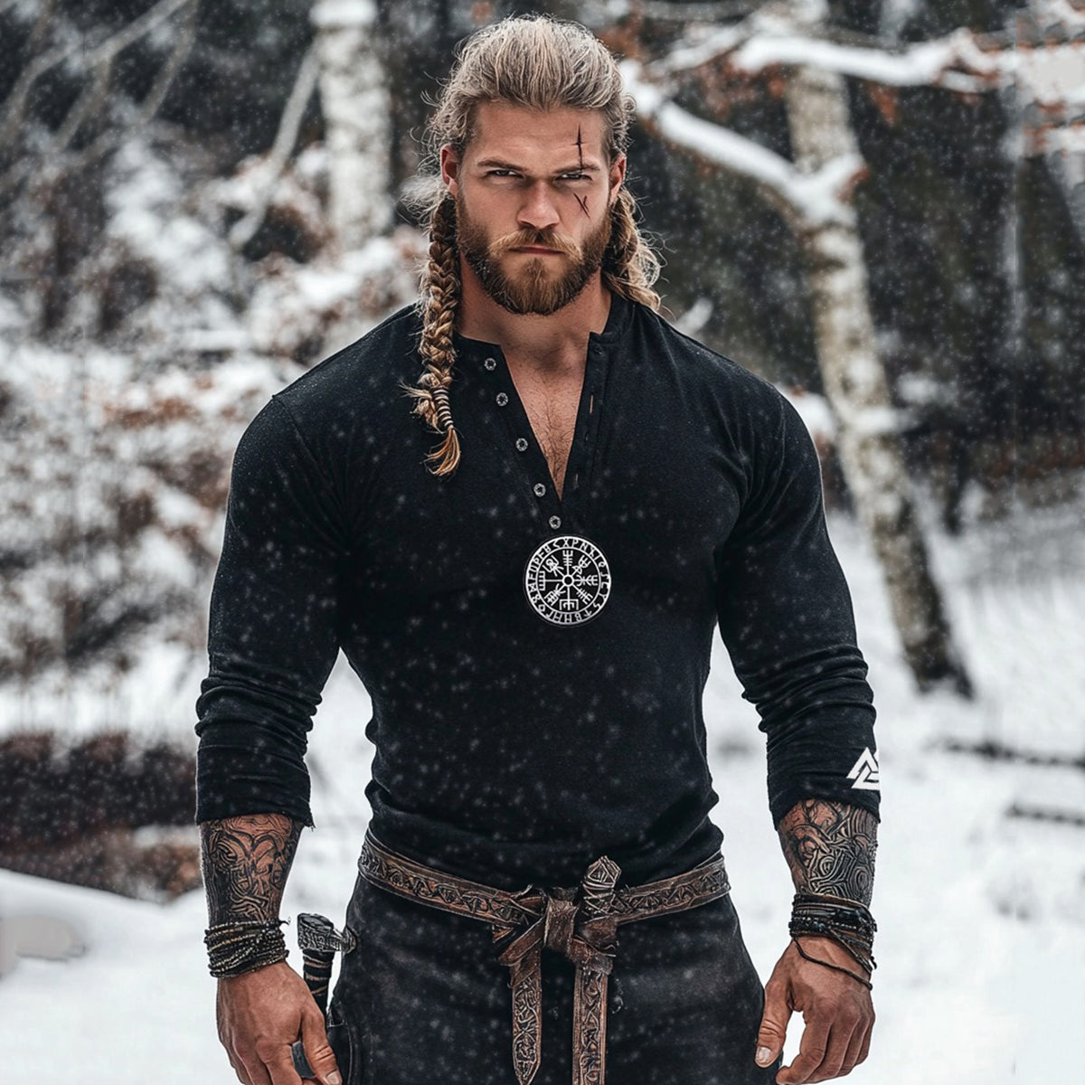 Men's Tribal Viking Runes Graphics Henley Collar Long Sleeves Basic T-shirt