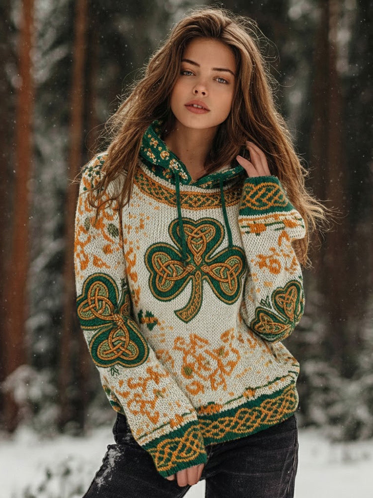 Vintage Celtic Knot Trefoil Print Hooded Sweater