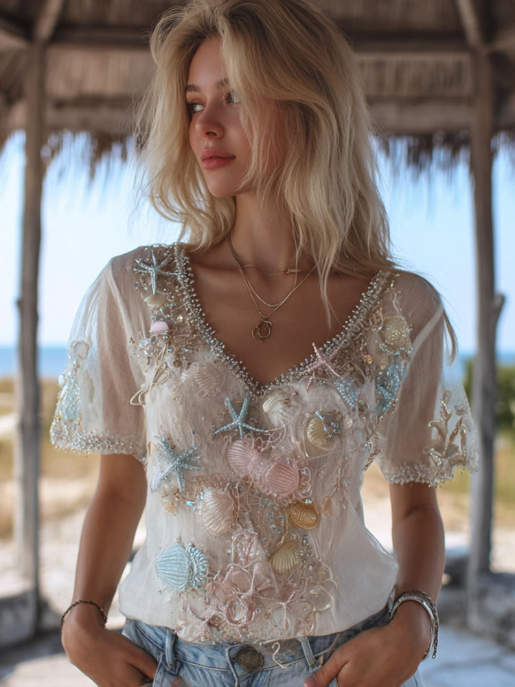 Vintage Bohemian Style Ocean And Diamond Art V-neck Short Sleeve