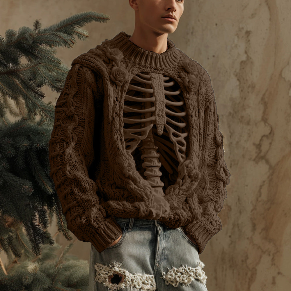 Men's Halloween Retro Anatomy Art Coarse Needle Round Neck Sweater