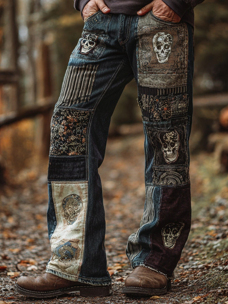 Men's Halloween Skull Embroidered Patchwork Cozy Bootcut Jeans