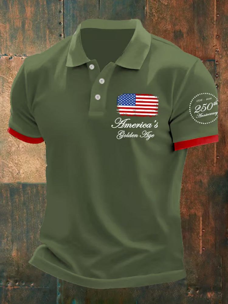 Man's Vintage Independence Day America's Golden Age 1776-2026 250th Anniversary Printed Polo Shirt
