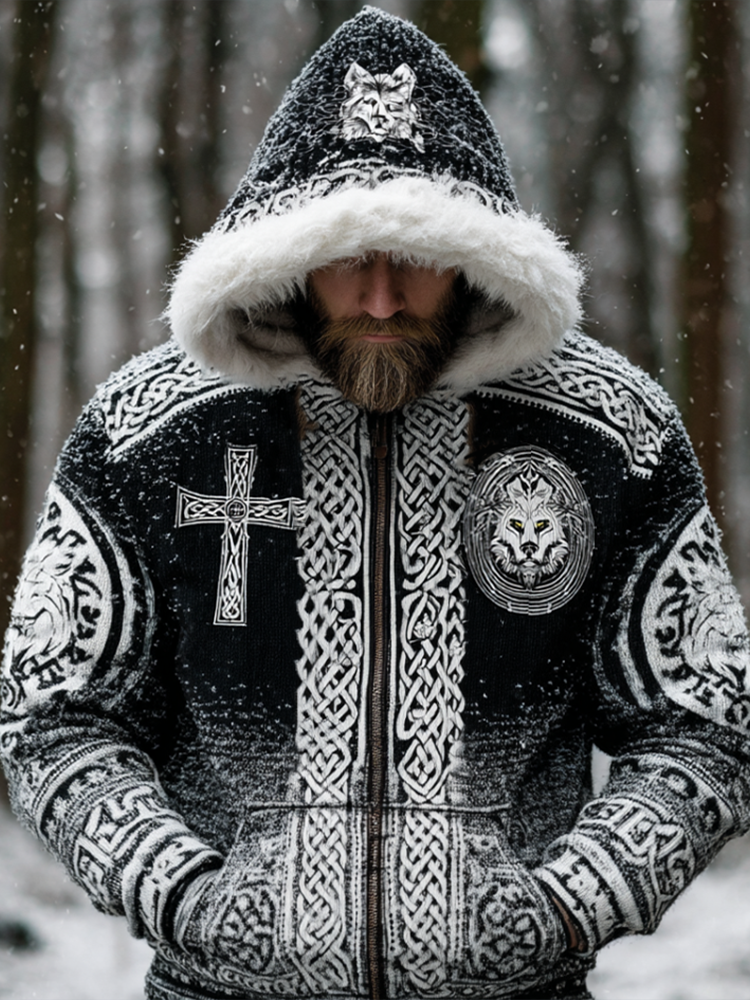 Men's Black And White Gradient Wolf Head Design Knitted Hoodie Sweater Jacket