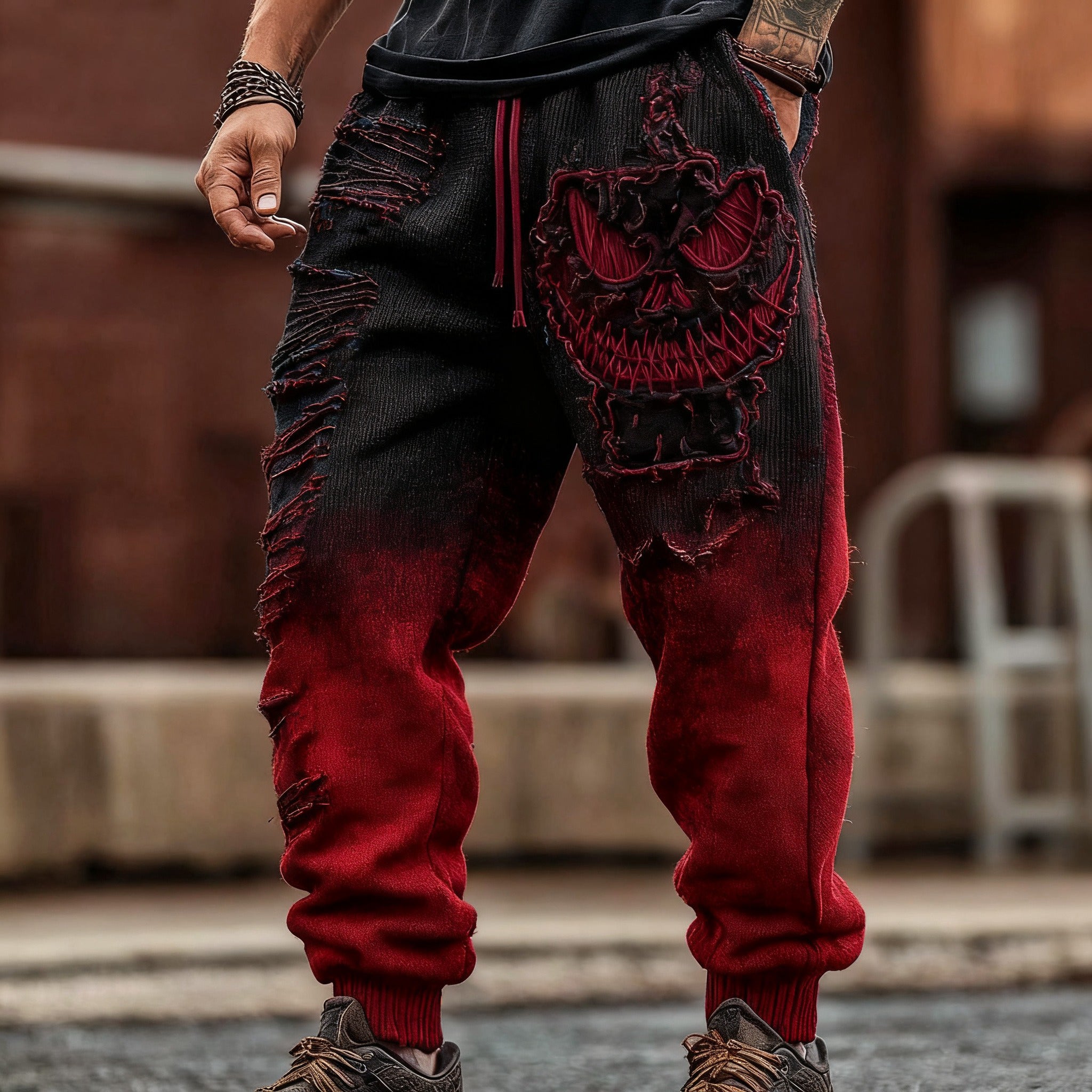 Men's Halloween Spooky Face Gradient Inspired Knitted Distressed Knit Casual Long Pants