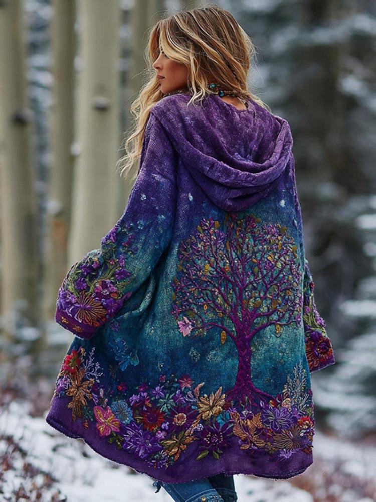 Women's Tree Of Life Floral Gradient Cozy Pocket Hooded Cardigan