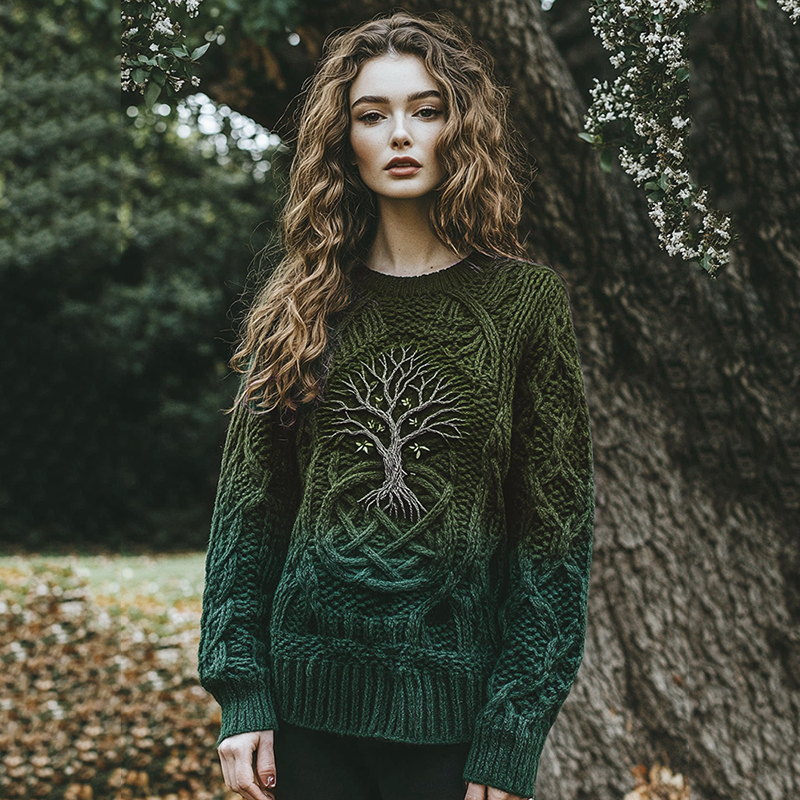 Women's Celtic Tree Of Life Jacquard Ombre Crew Neck Sweater