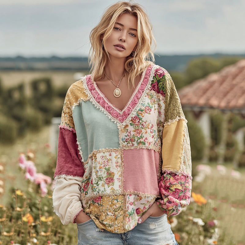 Women's Vintage Floral Patchwork Art Cozy Warm Sweatshirt