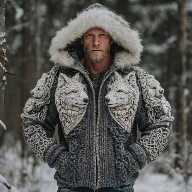 Men's Viking Celtic Knot Wolf Art Cozy Fur Collar Knit Hooded Sweater Jacket
