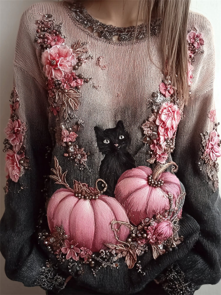 Black Cat & Pink Pumpkins Floral Gradient Knit Sweater
