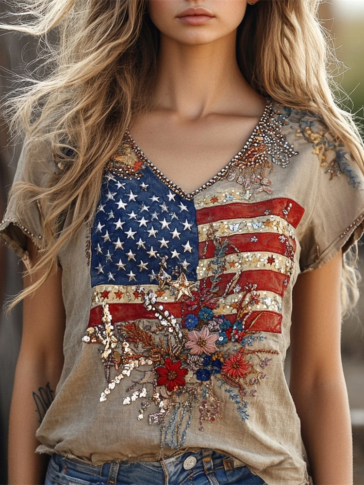 Vintage Independence Day Fireworks Floral Sequin Embroidered Women's Linen V-neck Shirt
